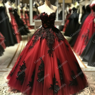 Red and black lace applique strapless full length tull prom dress evening dress custom hand made j4-2.5