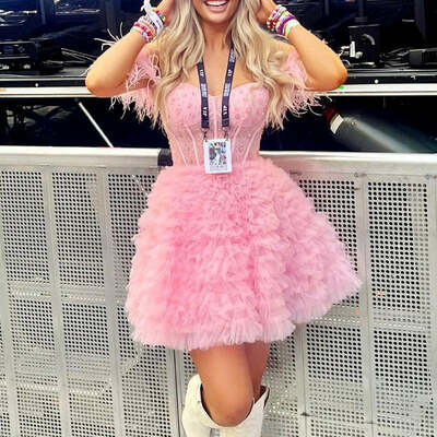 Pink a line off the shoulder short homecoming dress with feather