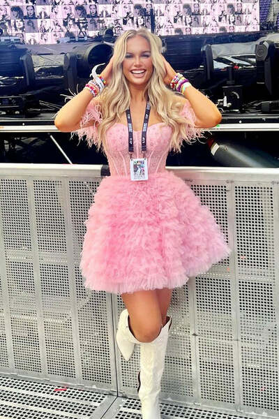 Pink A Line Off the Shoulder Short Homecoming Dress with Feather