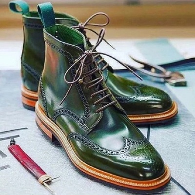 Premium quality handmade men's genuine green italian leather lace up wingtip bro