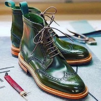 Premium Quality Handmade Men's Genuine Green Italian Leather Lace up Wingtip Bro - Thumbnail 4