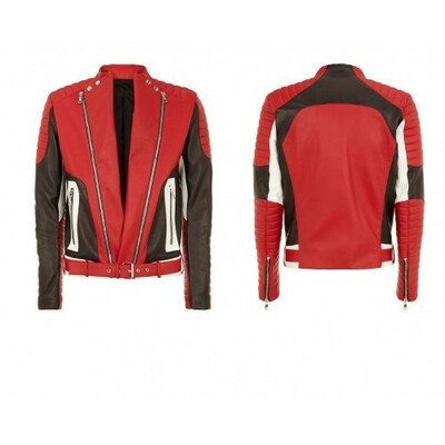 HANDMADE MEN,S RED BLACK WHITE MOTORBIKE LEATHER JACKET