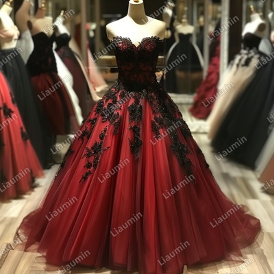 Red and black lace applique strapless full length tull prom dress evening dress custom hand made j4-2.6 - Thumbnail 2
