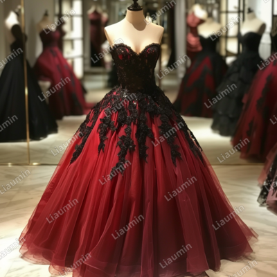 Red and black lace applique strapless full length tull prom dress evening dress custom hand made j4-2.7