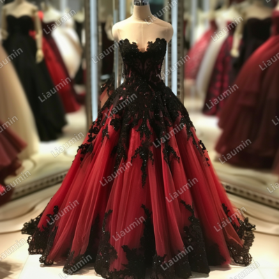 Red and black lace applique strapless full length tull prom dress evening dress custom hand made j4-2.8