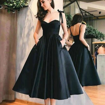 A line sweetheart satin spaghetti strap tea length homecoming dress