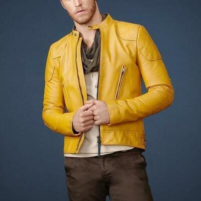 Mens leather jackets motorcycle bomber biker yellow leather jacket men