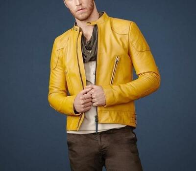 Mens Leather Jackets Motorcycle Bomber Biker Yellow Leather Jacket Men