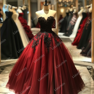Red and Black Lace Applique Strapless Full Length Tull Prom Dress Evening Dress Custom Hand Made J4-2.9