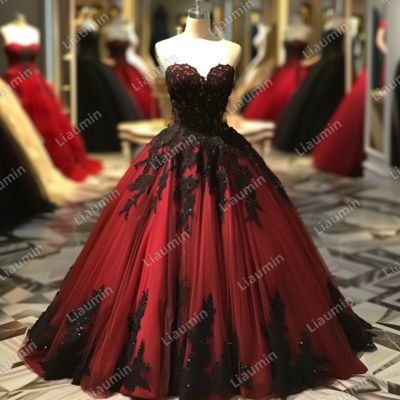 Red and black lace applique strapless full length tull prom dress evening dress custom hand made j4-3.1