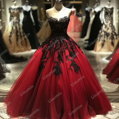 Red and Black Lace Applique Strapless Full Length Tull Prom Dress Evening Dress Custom Hand Made J4-3.2