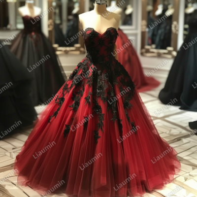 Red and Black Lace Applique Strapless Full Length Tull Prom Dress Evening Dress Custom Hand Made J4-3.3