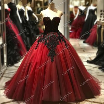 Red and black lace applique strapless full length tull prom dress evening dress custom hand made j4-3.4
