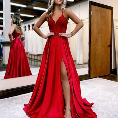 A-line v-neck spaghetti straps corset back prom dress with split