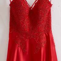 A-line V-neck Spaghetti Straps Corset Back Prom Dress With Split - Thumbnail 2