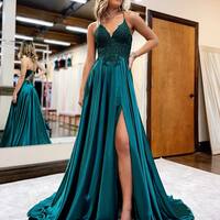 A-line V-neck Spaghetti Straps Corset Back Prom Dress With Split - Thumbnail 3