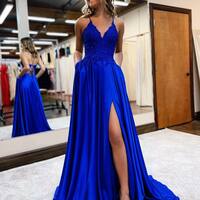 A-line V-neck Spaghetti Straps Corset Back Prom Dress With Split - Thumbnail 5