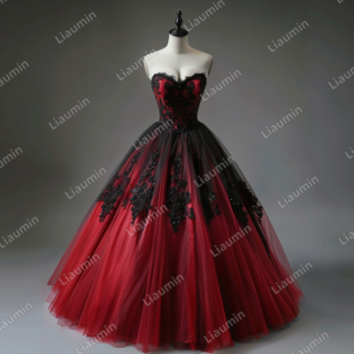 Red and black lace applique strapless full length tull prom dress evening dress custom hand made j4-3.5