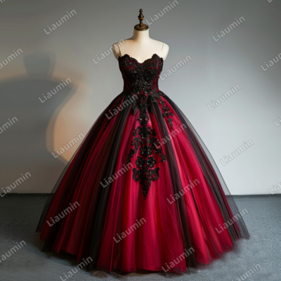 Red and Black Lace Applique Strapless Full Length Tull Prom Dress Evening Dress Custom Hand Made J4-3.7