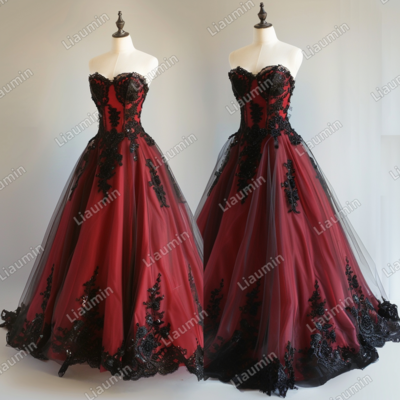 Red and black lace applique strapless full length tull prom dress evening dress custom hand made j4-3.9