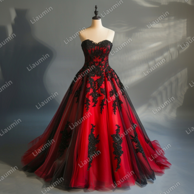 Red and black lace applique strapless full length tull prom dress evening dress custom hand made j4-3.10