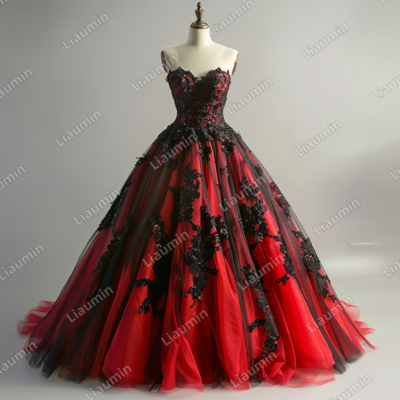Red and Black Lace Applique Strapless Full Length Tull Prom Dress Evening Dress Custom Hand Made J4-4.1