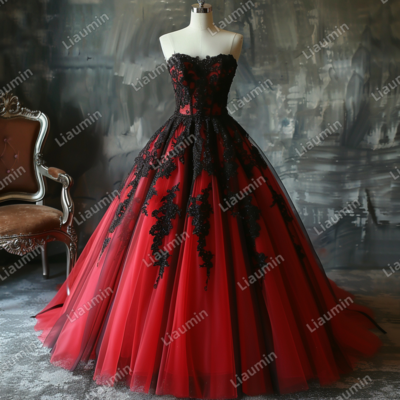 Red and Black Lace Applique Strapless Full Length Tull Prom Dress Evening Dress Custom Hand Made J4-4.2