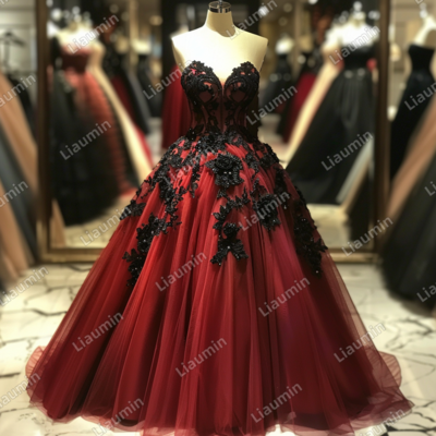 Red and Black Lace Applique Strapless Full Length Tull Prom Dress Evening Dress Custom Hand Made J4-4.3