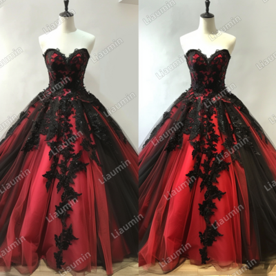 Red and black lace applique strapless full length tull prom dress evening dress custom hand made j4-4.4 - Thumbnail 2