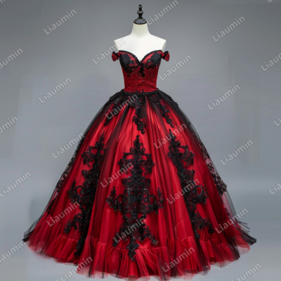 Red and black lace applique strapless full length tull prom dress evening dress custom hand made j4-4.6 - Thumbnail 2