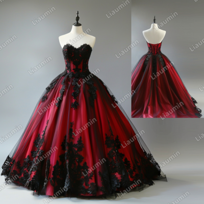 Red and black lace applique strapless full length tull prom dress evening dress custom hand made j4-4.7 - Thumbnail 1