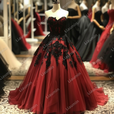 Red and Black Lace Applique Strapless Full Length Tull Prom Dress Evening Dress Custom Hand Made J4-4.9