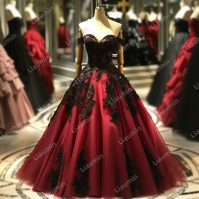 Red and black lace applique strapless full length tull prom dress evening dress custom hand made j4-5.1 - Thumbnail 1