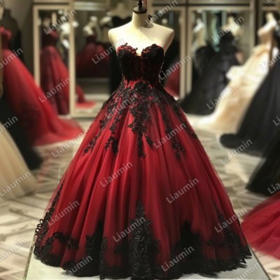 Red and Black Lace Applique Strapless Full Length Tull Prom Dress Evening Dress Custom Hand Made J4-5.2