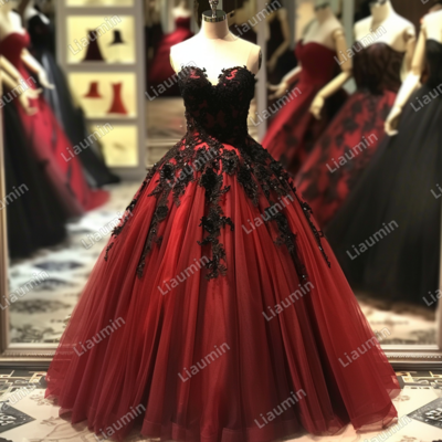 Red and Black Lace Applique Strapless Full Length Tull Prom Dress Evening Dress Custom Hand Made J4-5.3