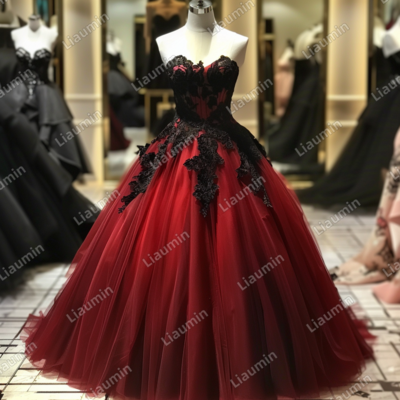 Red and Black Lace Applique Strapless Full Length Tull Prom Dress Evening Dress Custom Hand Made J4-5.4
