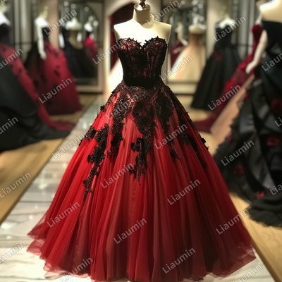 Red and black lace applique strapless full length tull prom dress evening dress custom hand made j4-5.5