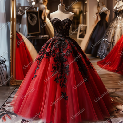 Red and Black Lace Applique Strapless Full Length Tull Prom Dress Evening Dress Custom Hand Made J4-5.6