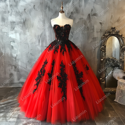 Red and black lace applique strapless full length tull prom dress evening dress custom hand made j4-5.7 - Thumbnail 1