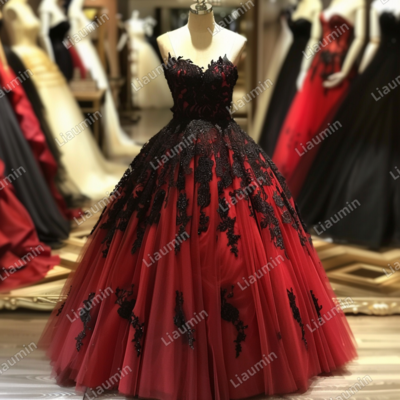 Red and black lace applique strapless full length tull prom dress evening dress custom hand made j4-5.8