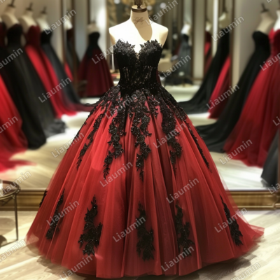 Red and Black Lace Applique Strapless Full Length Tull Prom Dress Evening Dress Custom Hand Made J4-5.9