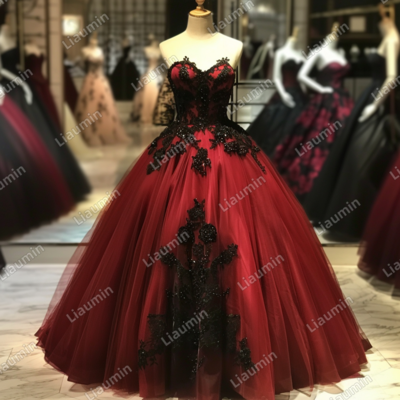 Red and Black Lace Applique Strapless Full Length Tull Prom Dress Evening Dress Custom Hand Made J4-5.10