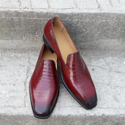 Crafted leather classic brown crocodile/alligator loafers dress shoes - Thumbnail 2