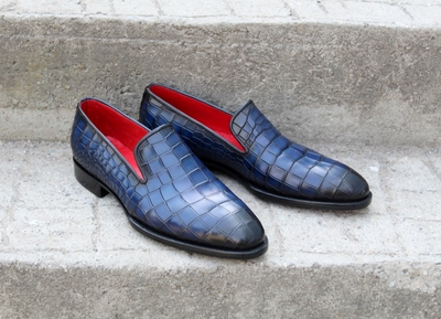 Crafted Leather Classic Blue Crocodile/Alligator Loafers Dress Shoes