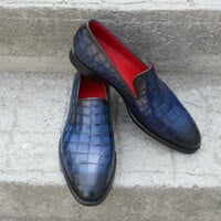 Crafted Leather Classic Blue Crocodile/Alligator Loafers Dress Shoes - Thumbnail 2