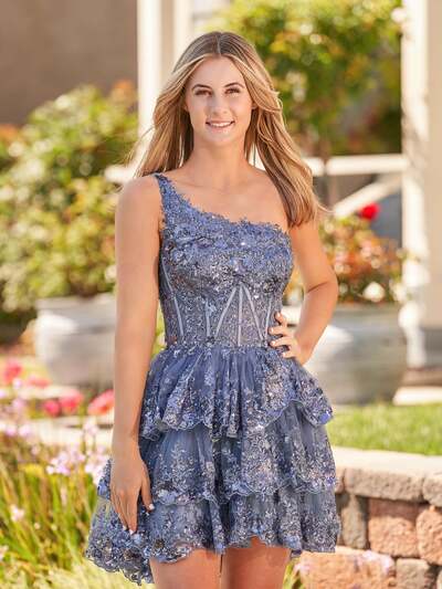 Navy Blue A Line One Shoulder Tiered Lace Short Homecoming Dress