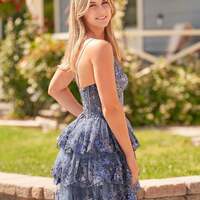 Navy Blue A Line One Shoulder Tiered Lace Short Homecoming Dress - Thumbnail 2