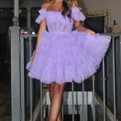 Lavender off-the-shoulder lace-up ruffle tiered homecoming dress