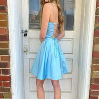 Square Neck A Line Sleeveless Satin Spaghetti strap Short Homecoming Dress - Thumbnail 1