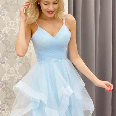 Sky blue a-line v neck  short homecoming dresses